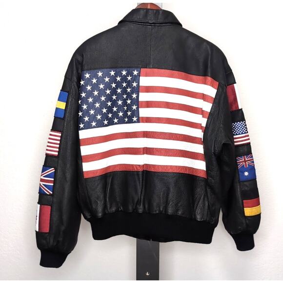 VTG Wilsons Leather Bomber Jacket Men's M Black USA Flag International Flags - Picture 1 of 16